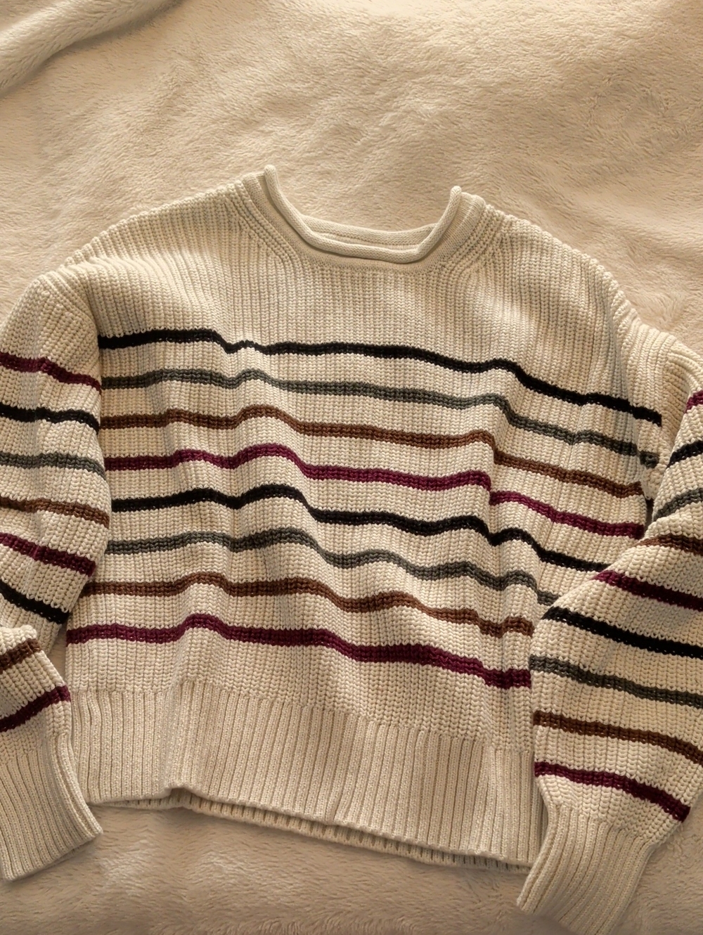 GAP Cream Crewneck Sweater with Black, Brown, and Burgundy Stripes